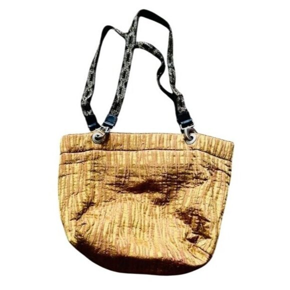 Qotra Corrugated Pleaded Whimsical Heavy Hardware, Embroidered Straps Tote Purse - Picture 1 of 9